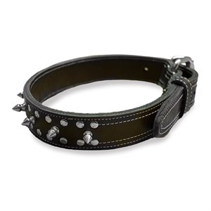 Dog collar 1-1 / 2", white stitched double layer full grain leather, with spike studs and rivets, size 24" to 32", by unit
