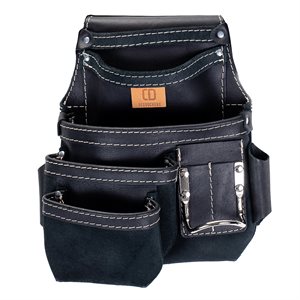 Tool and nail pouch, 4 pockets with complete accessories, black leather